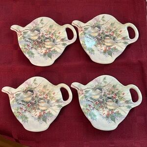 Vintage Melamine made in Italy tea bag holder spoon rest birds on a teapot set 4